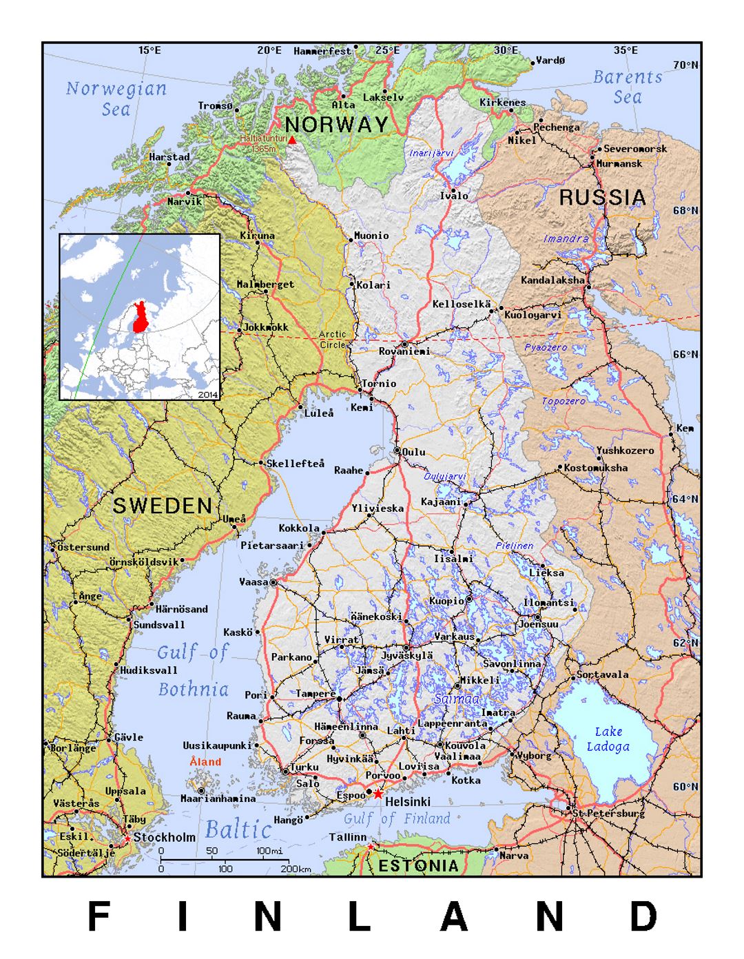 Детальная политическая карта Финляндии с рельефом