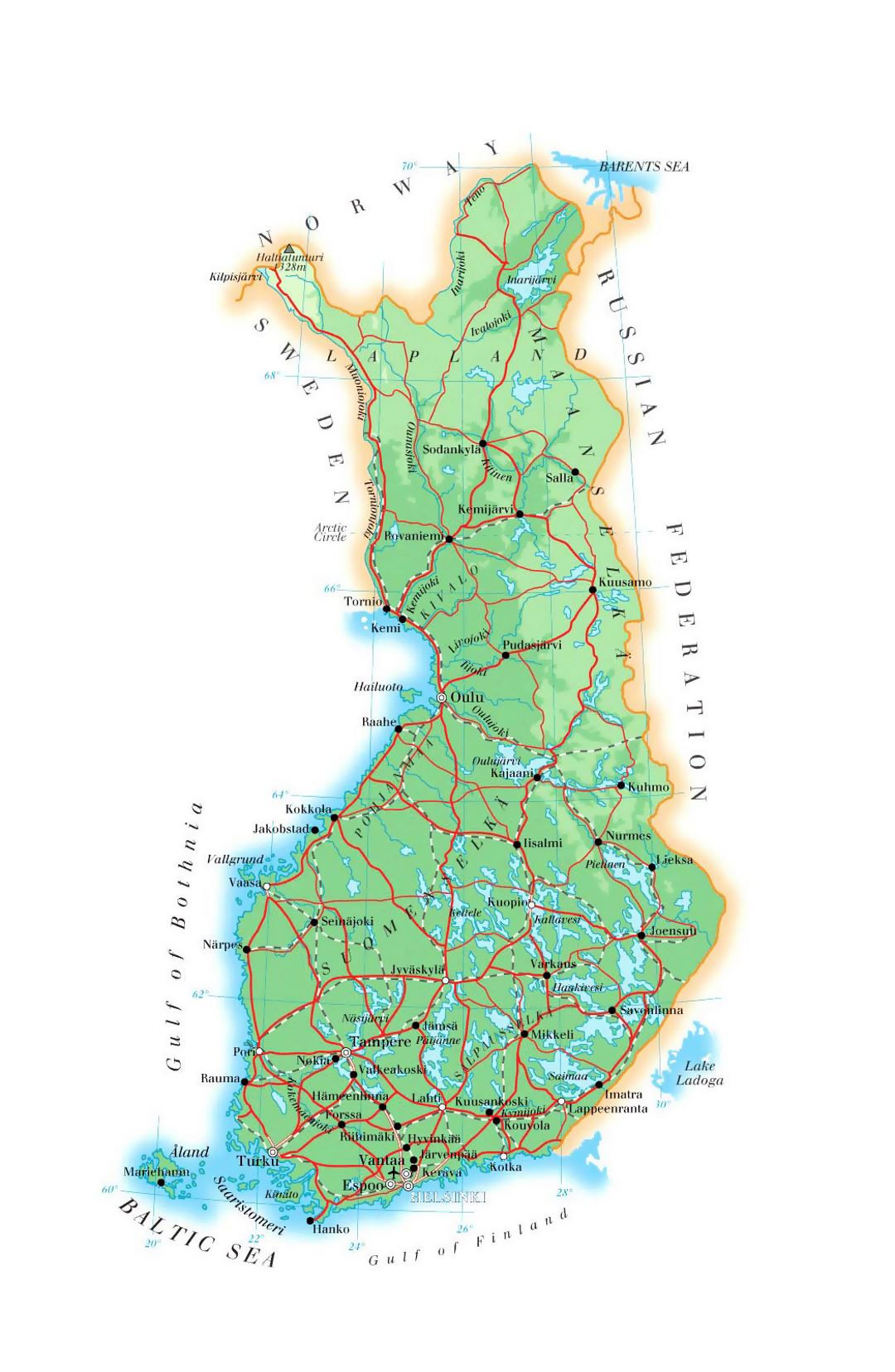 Карта высот Финляндии с дорогами, городами и аэропортами