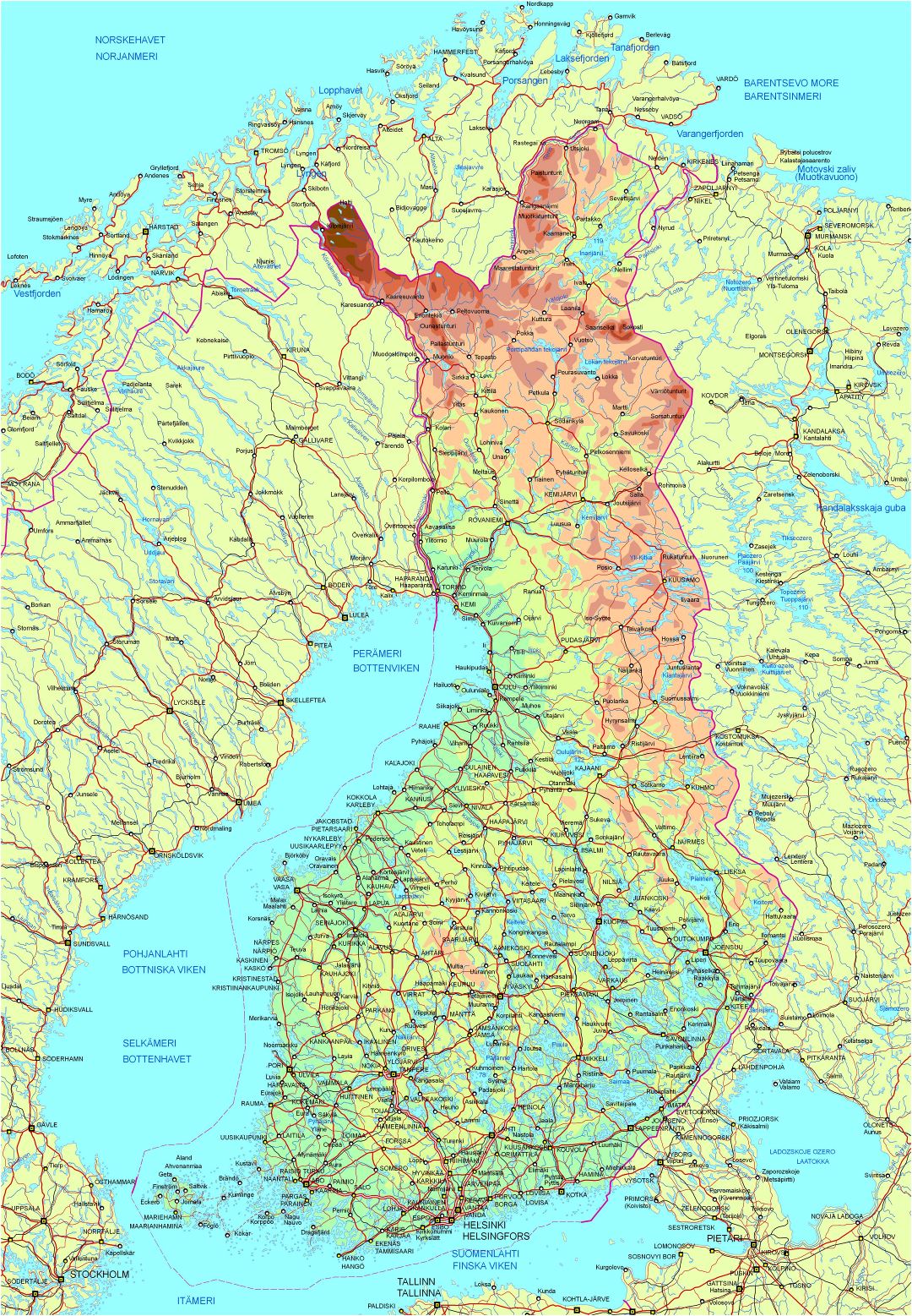 Большая детальная карта высот Финляндии с дорогами и городами