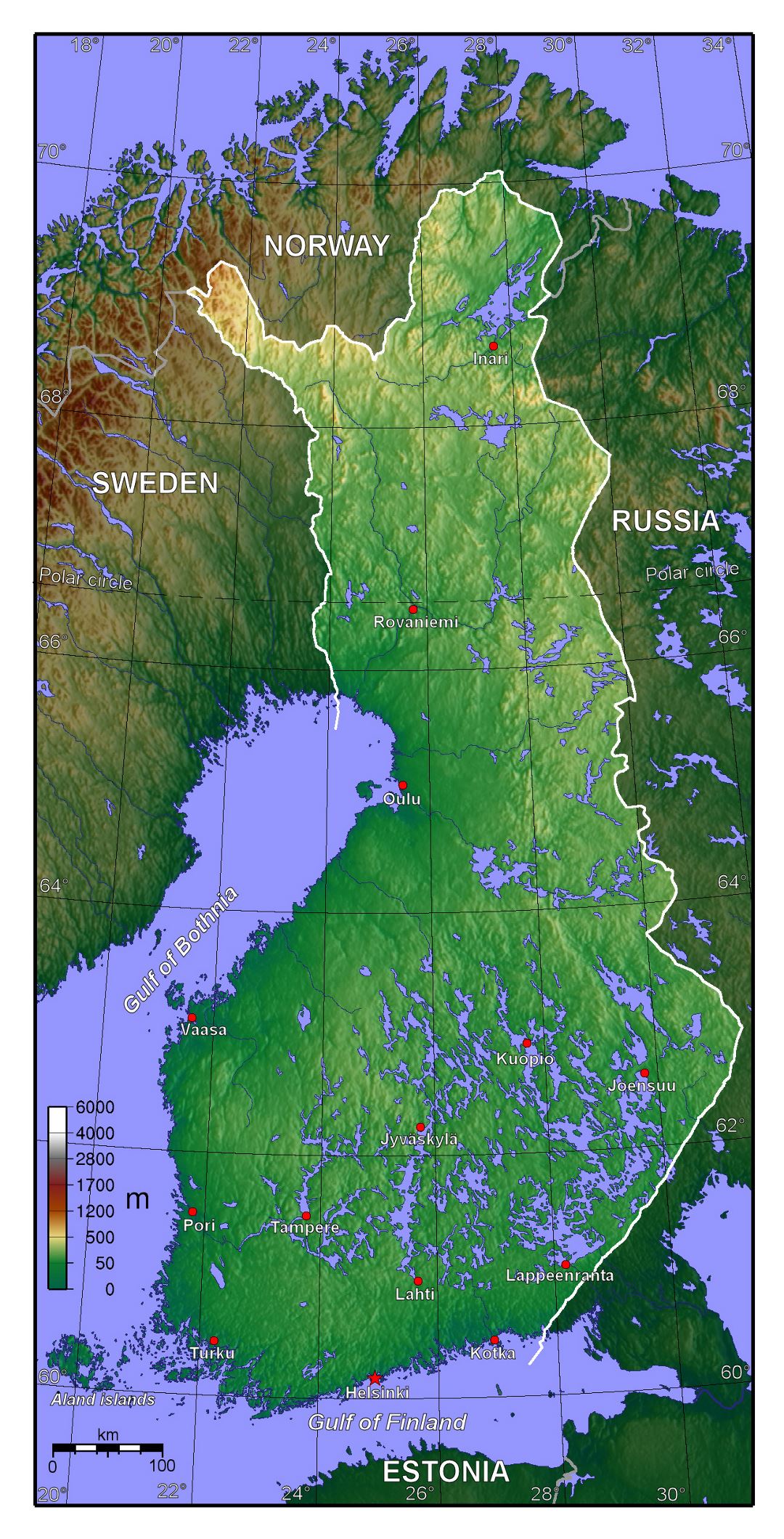 Большая детальная физическая карта Финляндии