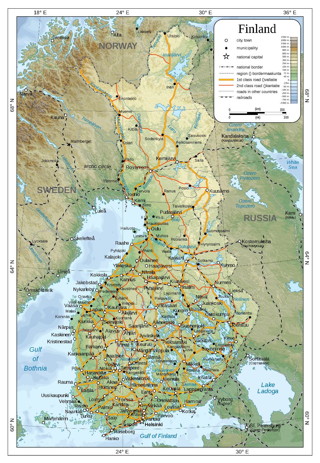 Большая детальная физическая карта Финляндии с дорогами, железными дорогами и городами