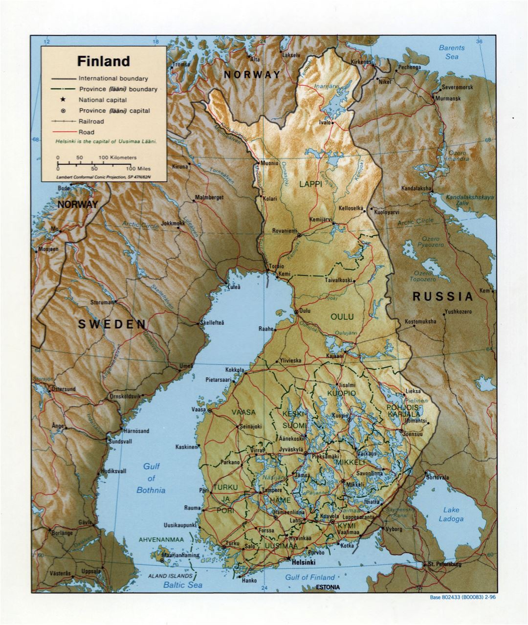 Большая детальная политическая и административная карта Финляндии с рельефом- 1996