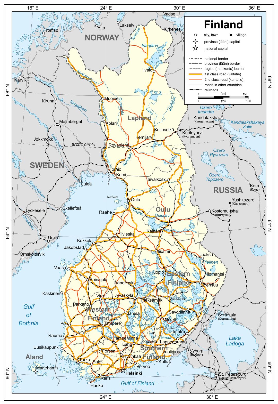 Большая детальная политическая карта Финляндии с дорогами, железными дорогами и городами