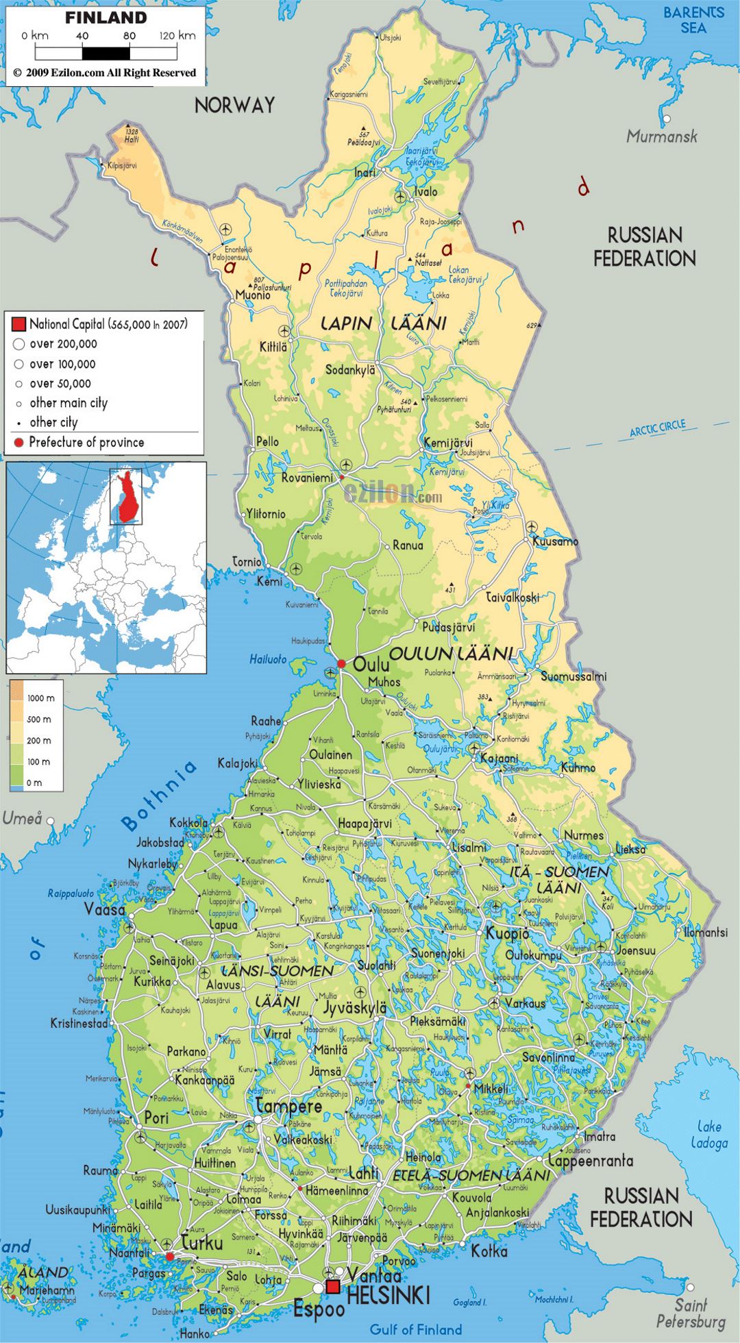 Большая физическая карта Финляндии с дорогами, городами и аэропортами