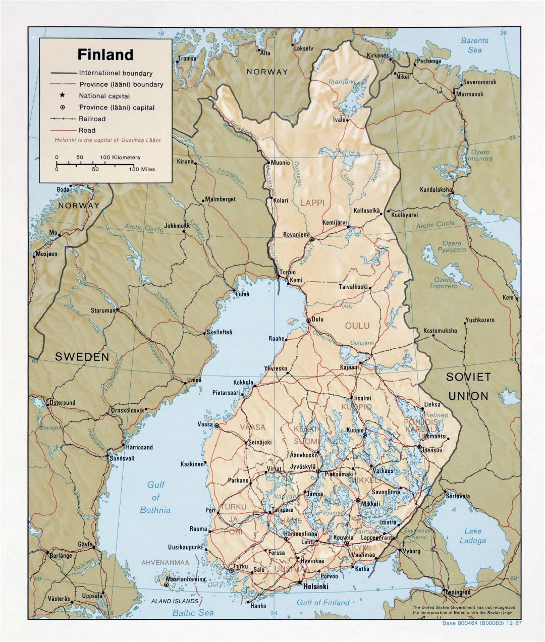 Большая политическая и административная карта Финляндии с рельефом, дорогами и городами - 1987
