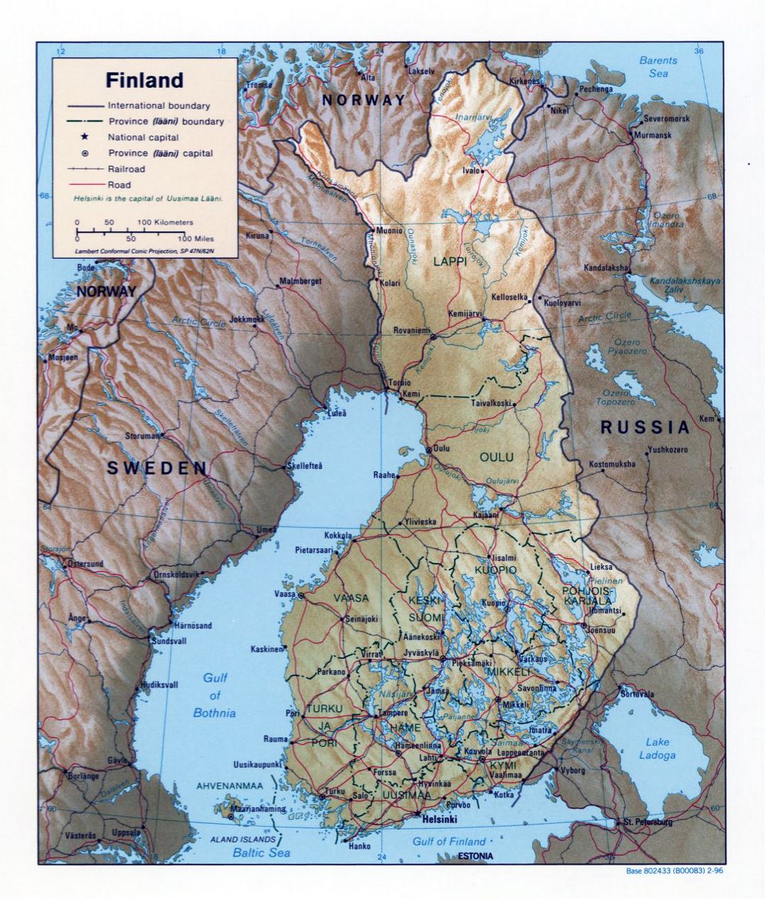 Большая политическая и административная карта Финляндии с рельефом, дорогами и городами - 1996