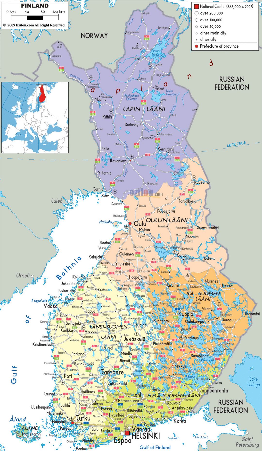 Большая политическая и административная карта Финляндии с дорогами, городами и аэропортами