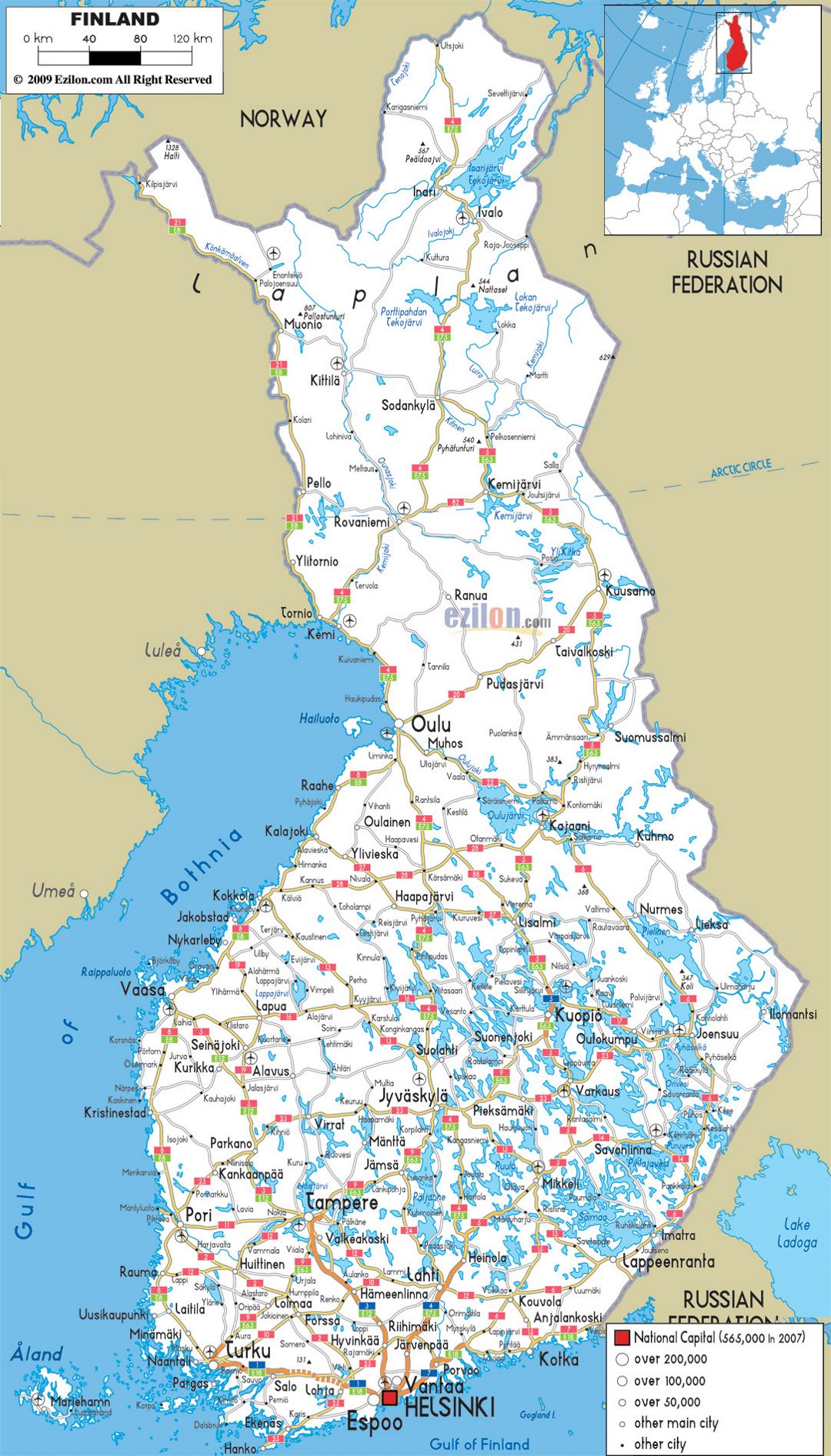 Большая карта дорог Финляндии с городами и аэропортами