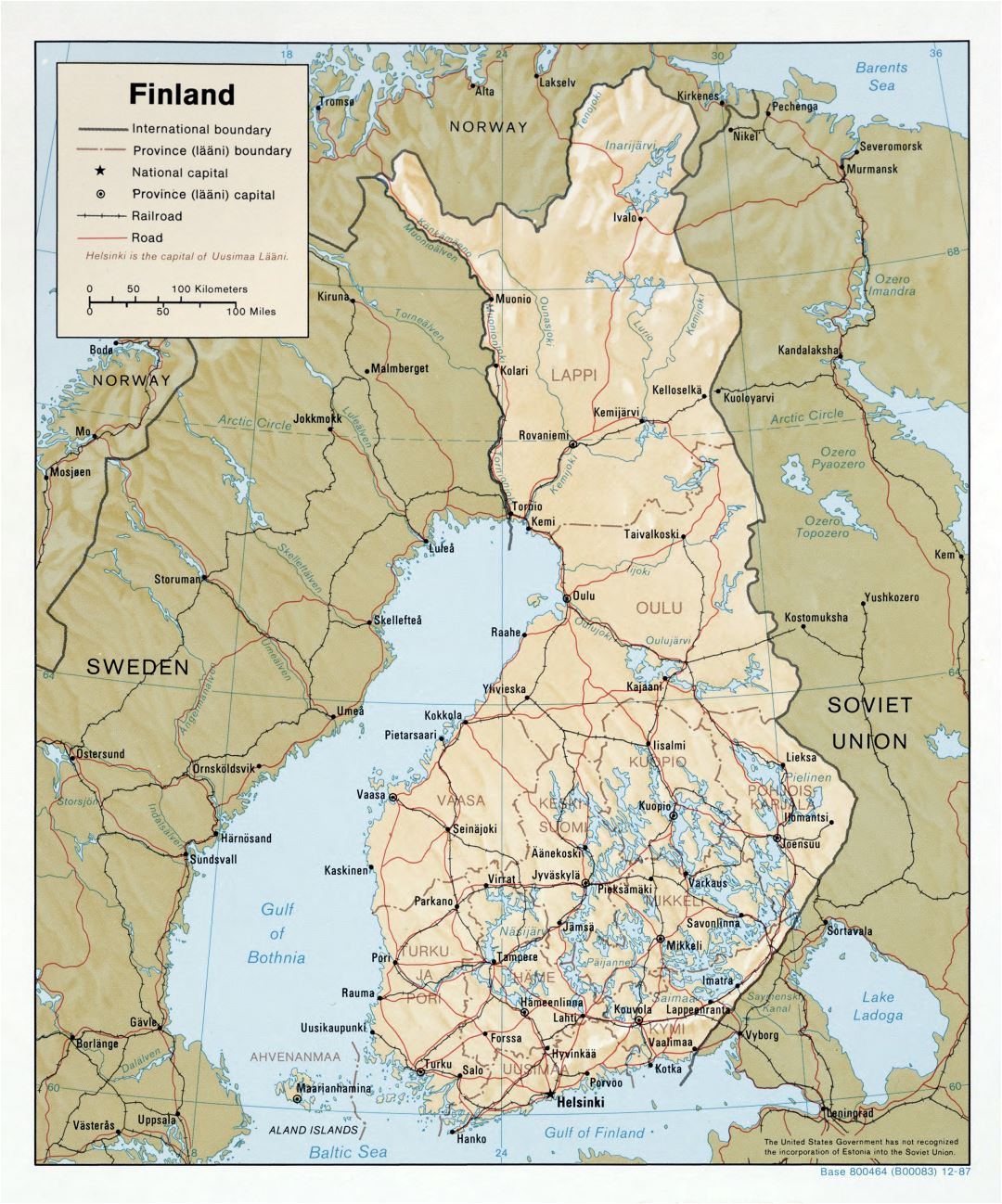 Крупномасштабная политическая и административная карта Финляндии с рельефом, дорогами и крупными городами - 1987