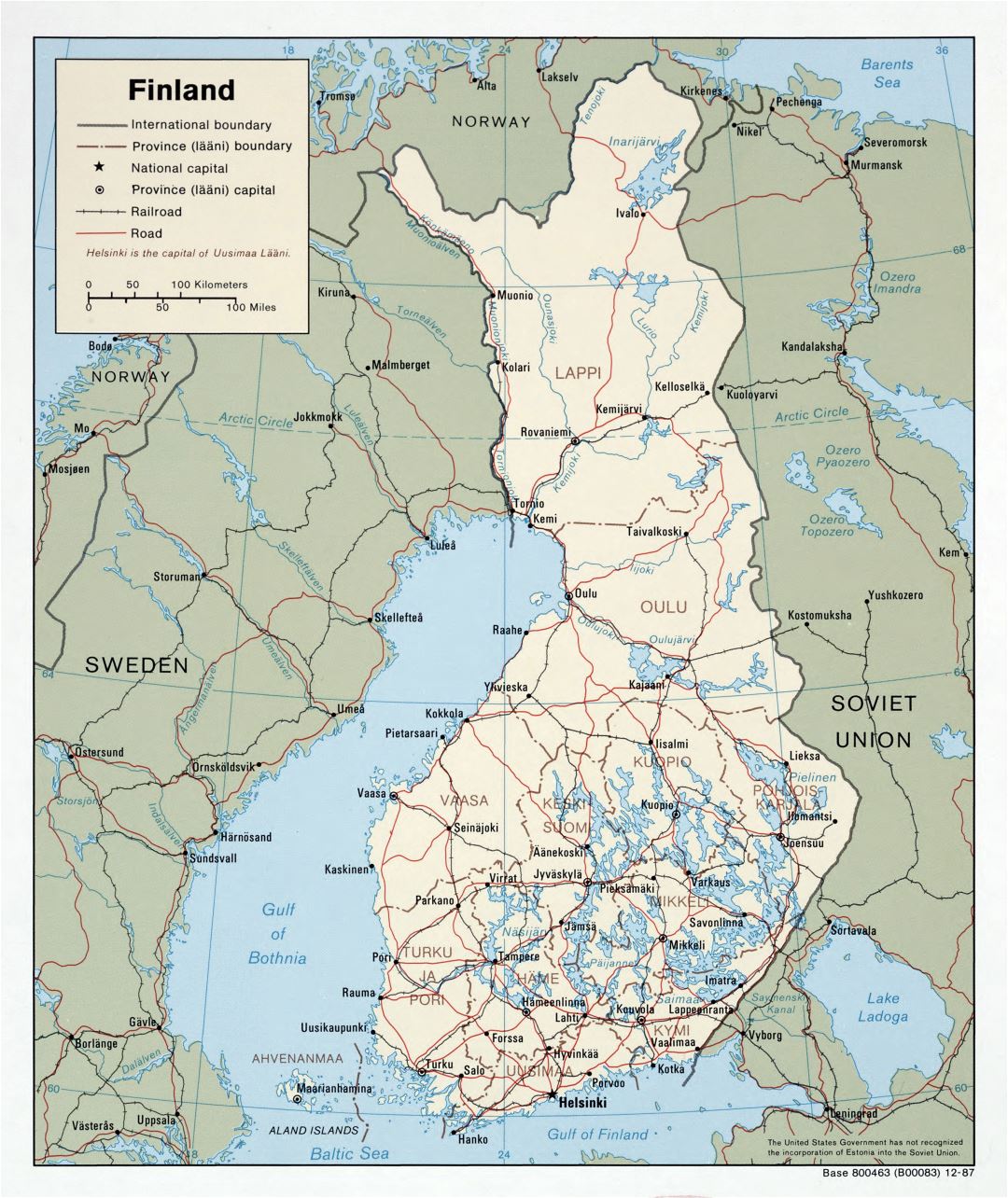 Крупномасштабная политическая и административная карта Финляндии с дорогами и крупными городами - 1987
