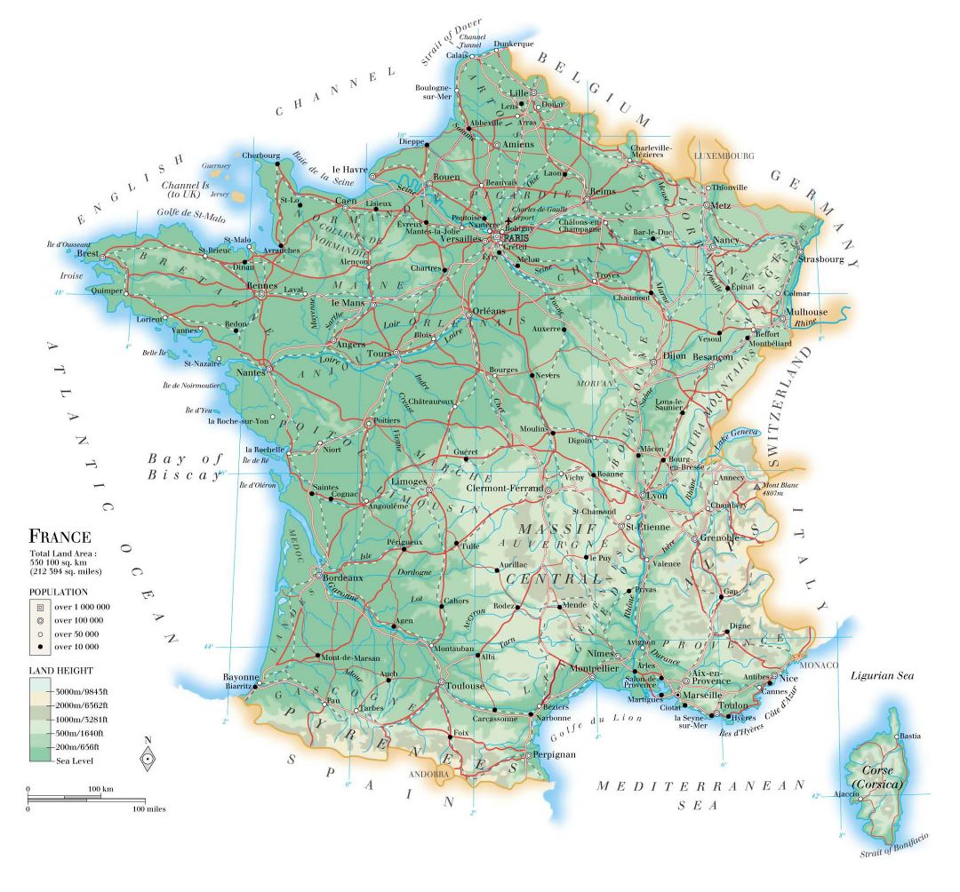 Детальная физическая карта Франции с дорогами, городами и аэропортами