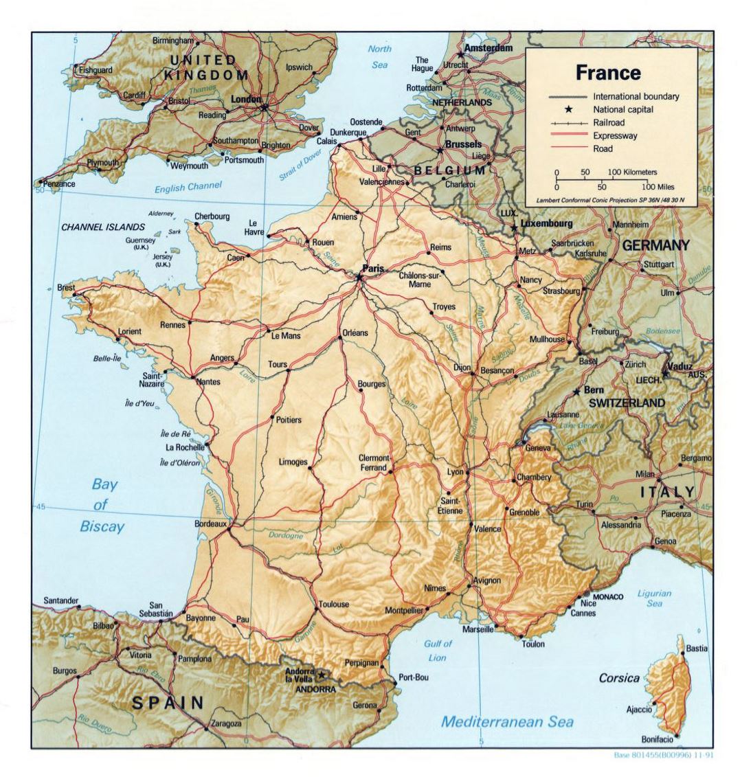 Детальная политическая карта Франции с рельефом, дорогами и крупными городами - 1991