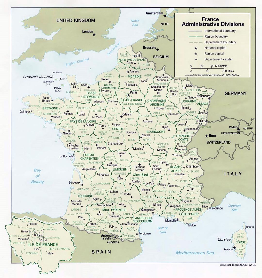 Большая карта административных делений Франции - 1991