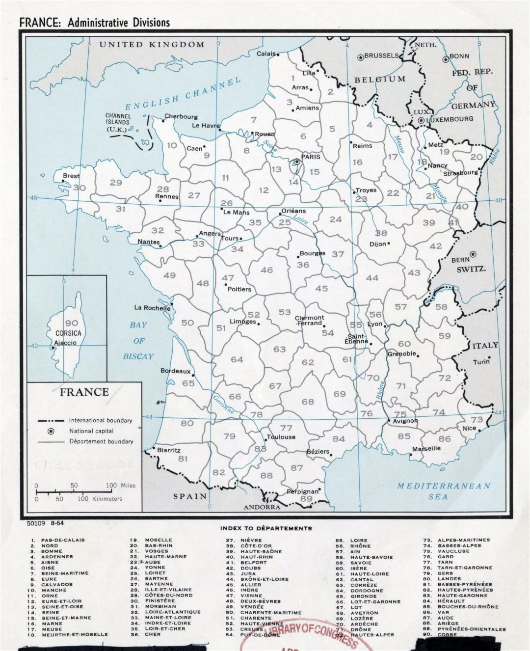 Большая детальная карта административных делений Франции - 1964