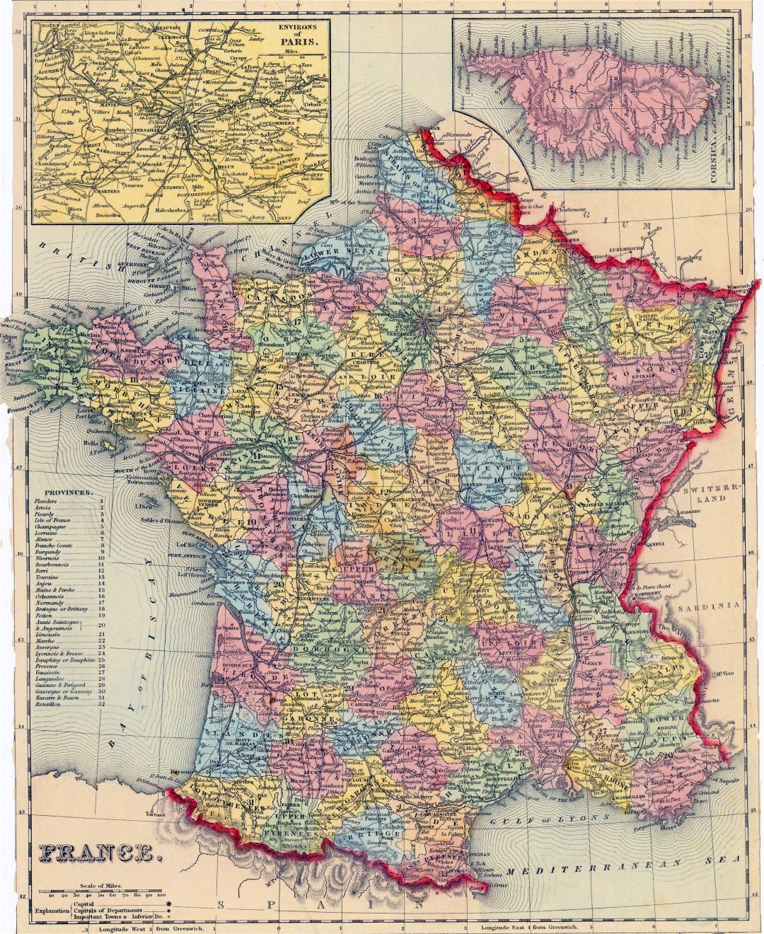 Большая детальная старая политическая и административная карта Франции - 1857