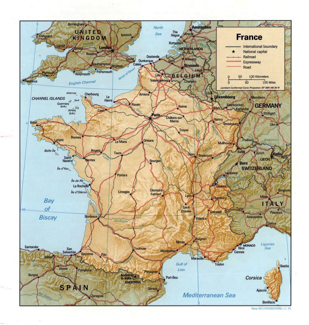 Большая детальная политическая карта Франции с рельефом - 1991