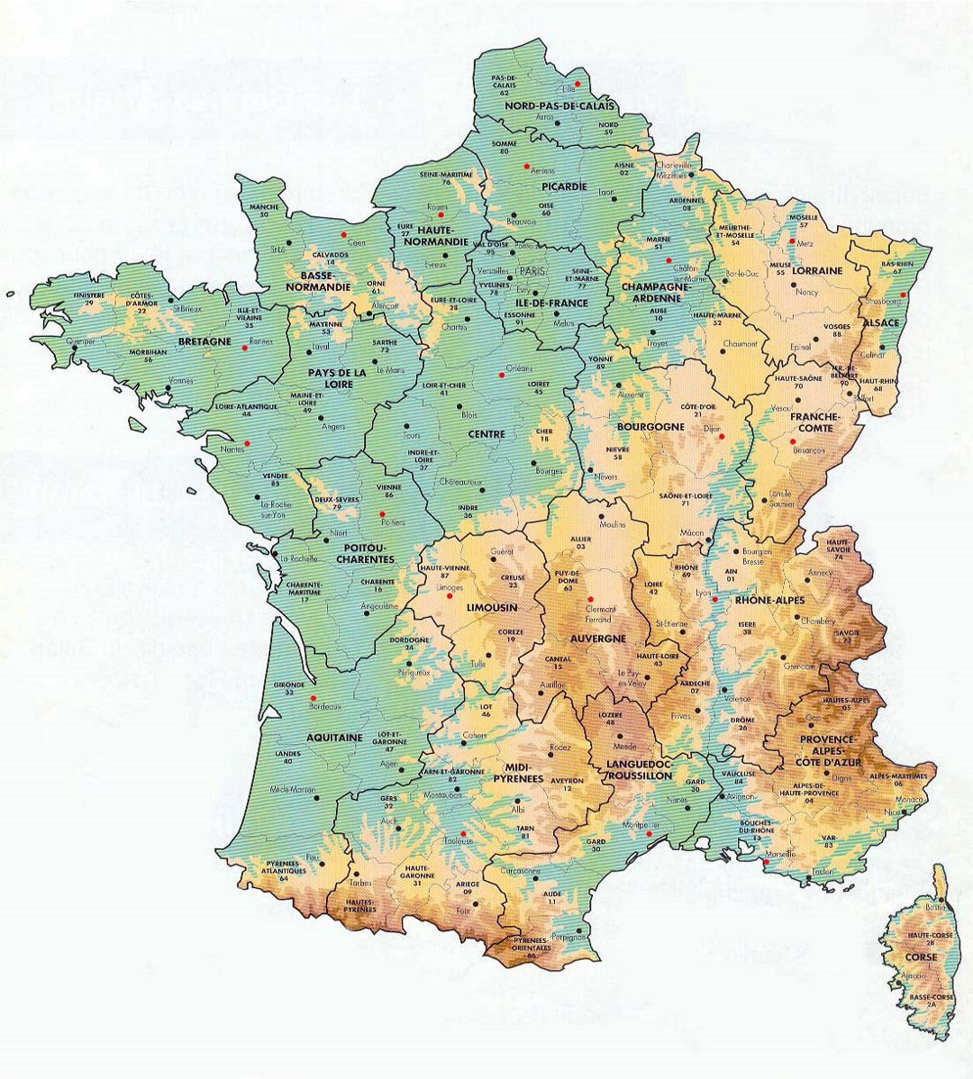 Большая карта высот Франции с административными делениями