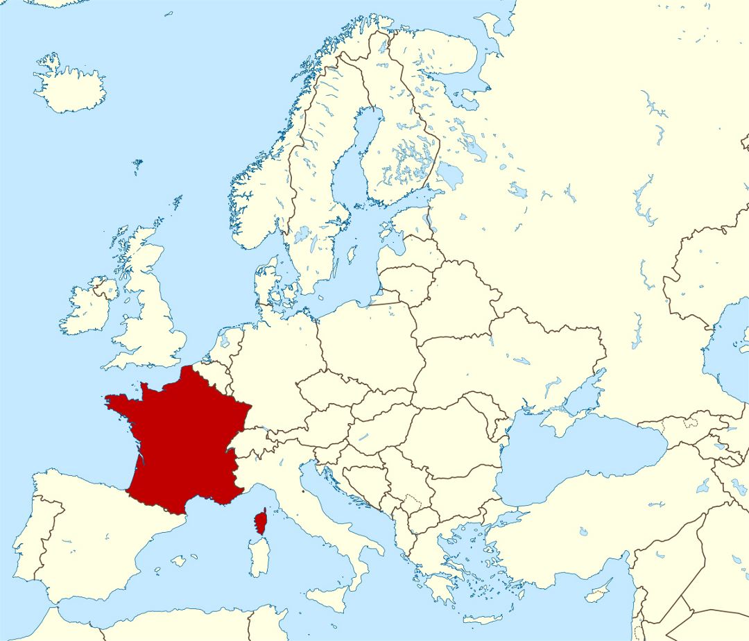 Большая карта расположения Франции в Европе