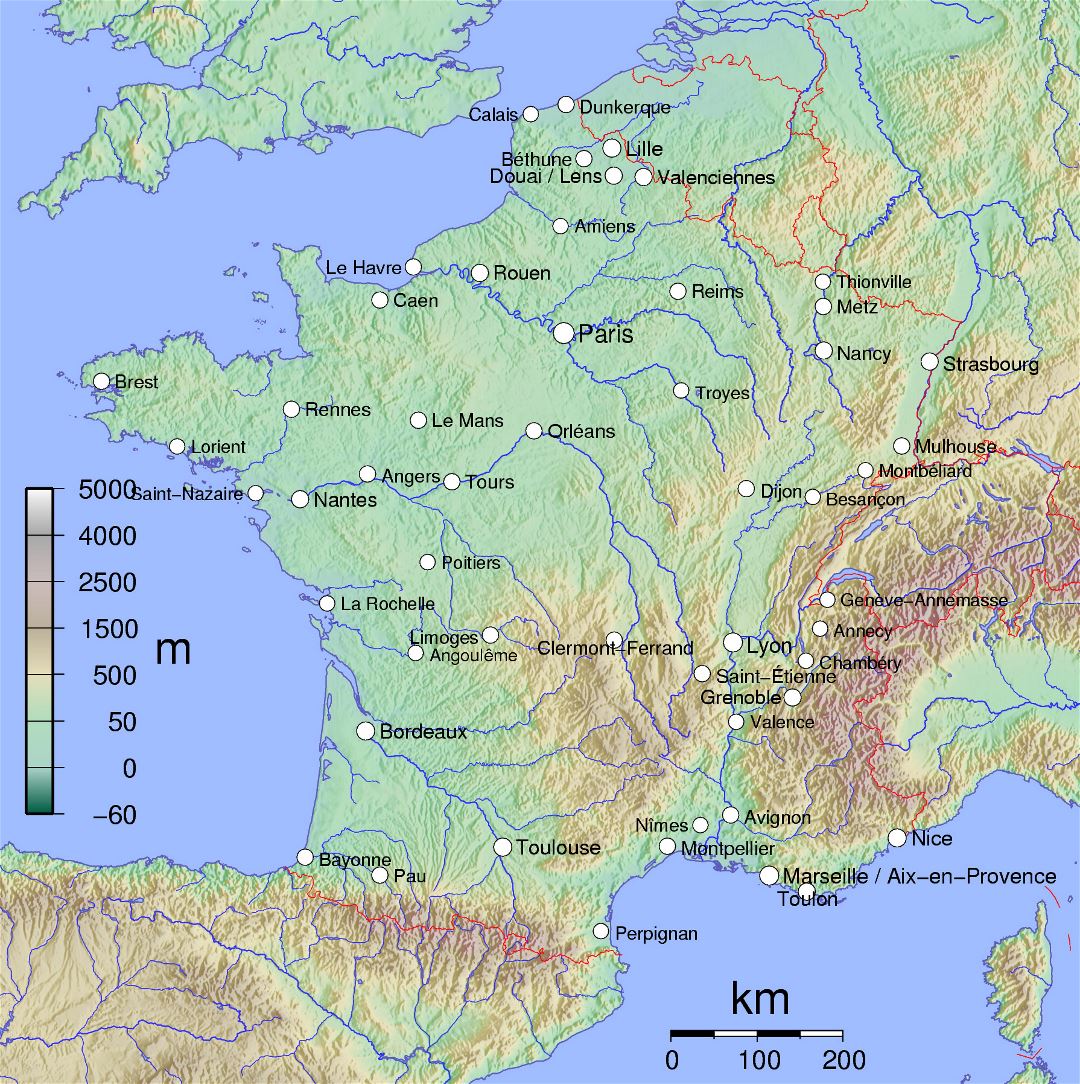 Большая физическая карта Франции