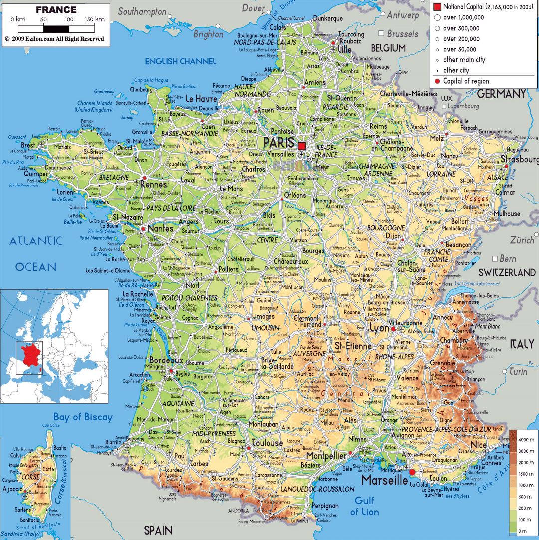 Большая физическая карта Франции с дорогами, городами и аэропортами