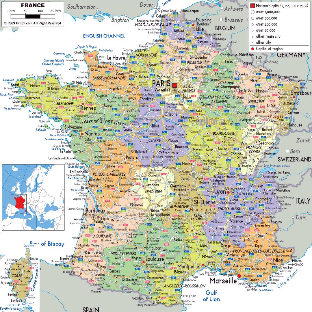 Большая политическая и административная карта Франции с дорогами, городами и аэропортами