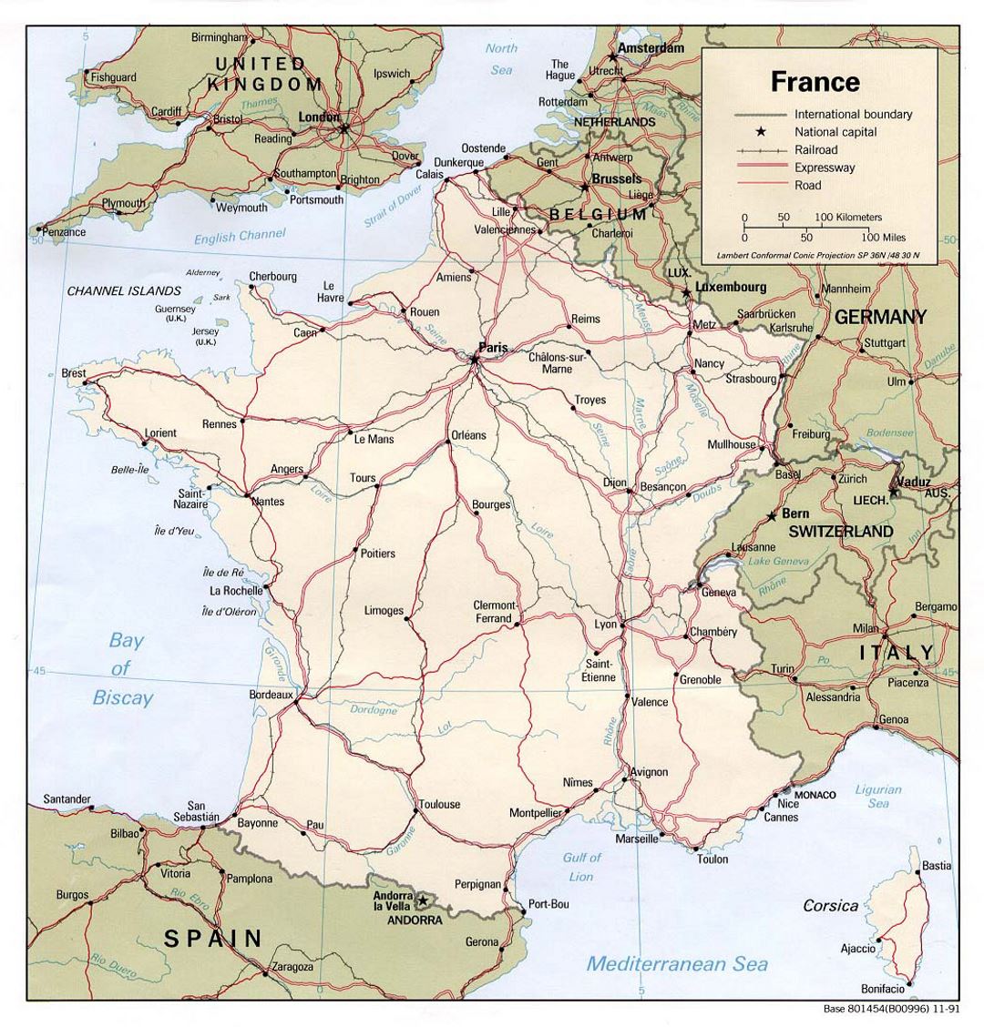 Большая политическая карта Франции - 1991