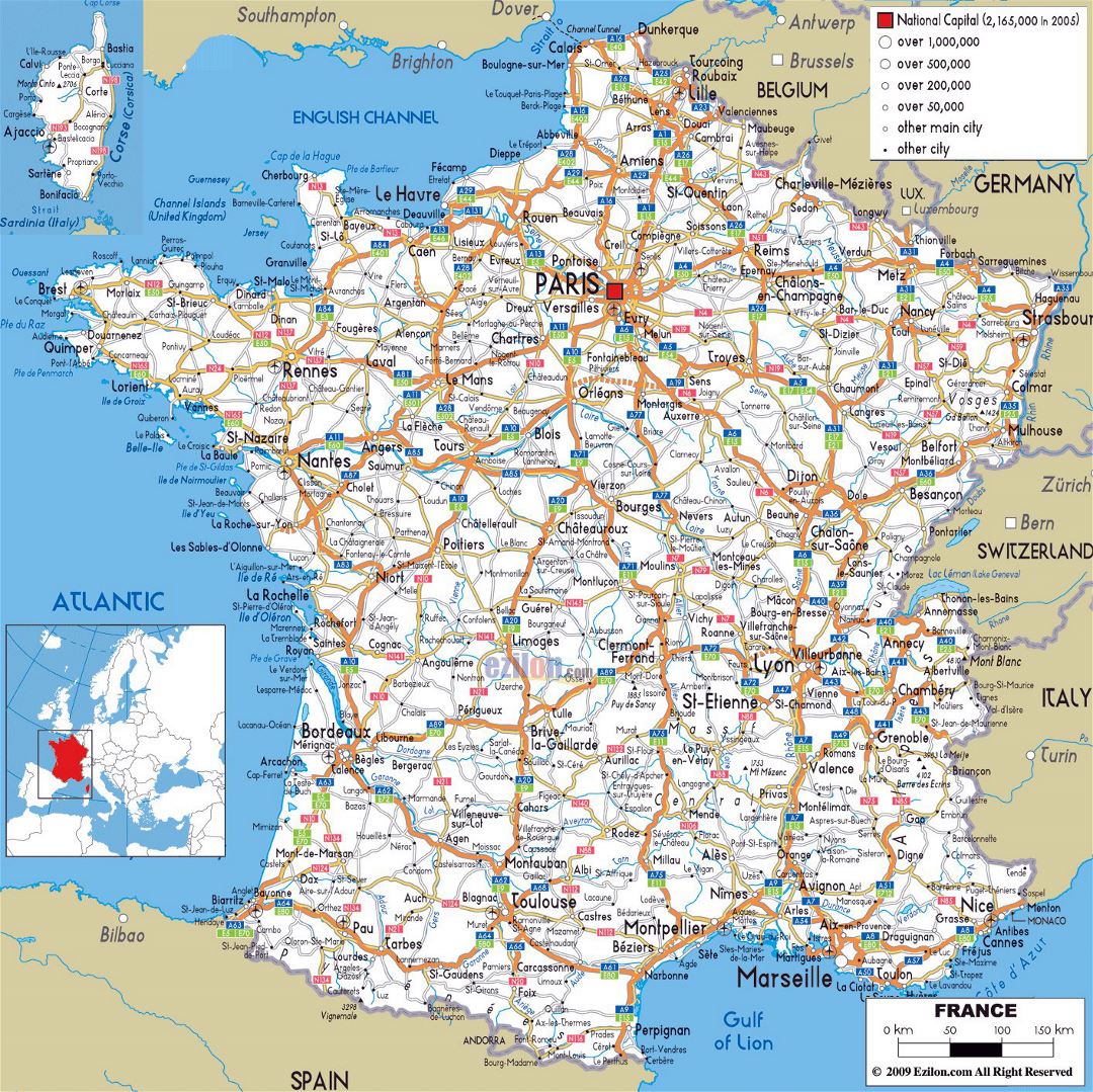 Большая карта дорог Франции с городами и аэропортами