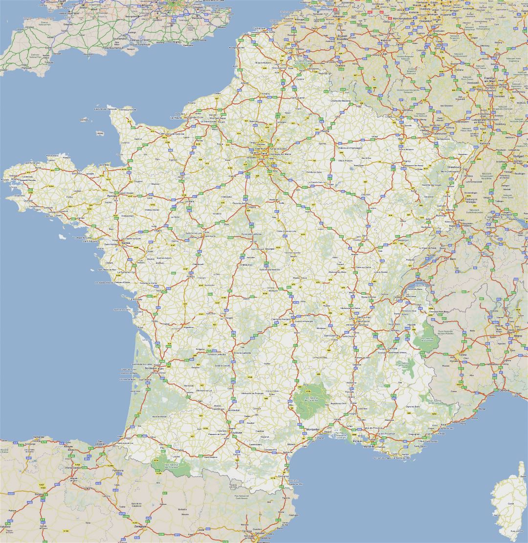Большая карта дорог Франции с городами