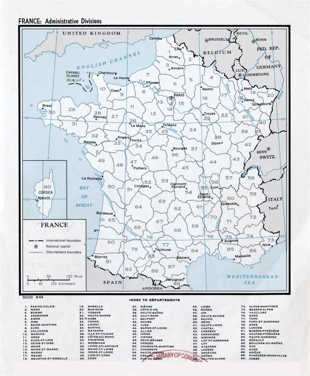 Крупномасштабная карта административных делений Франции - 1964