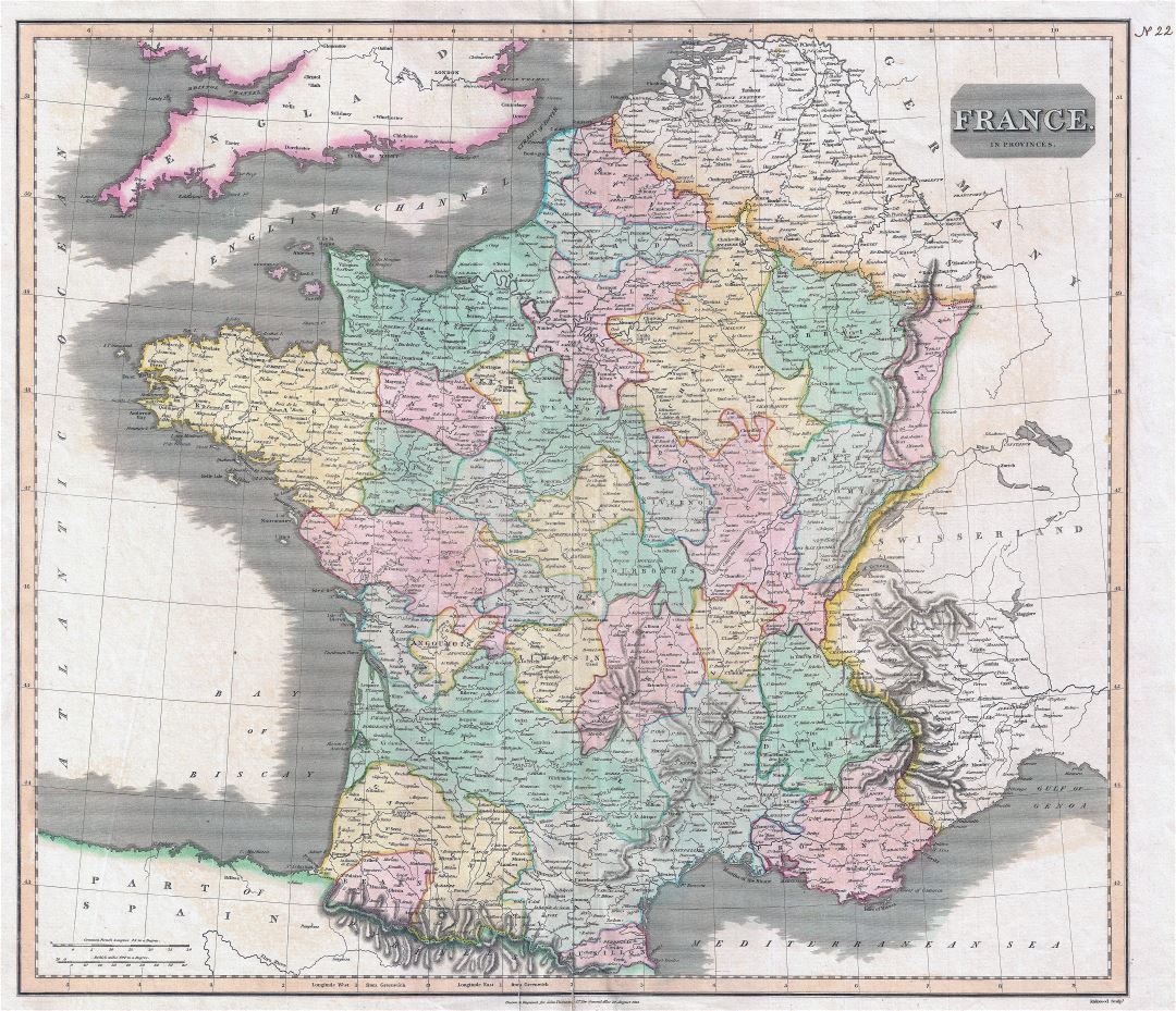 Крупномасштабная старая политическая и административная карта Франции - 1814
