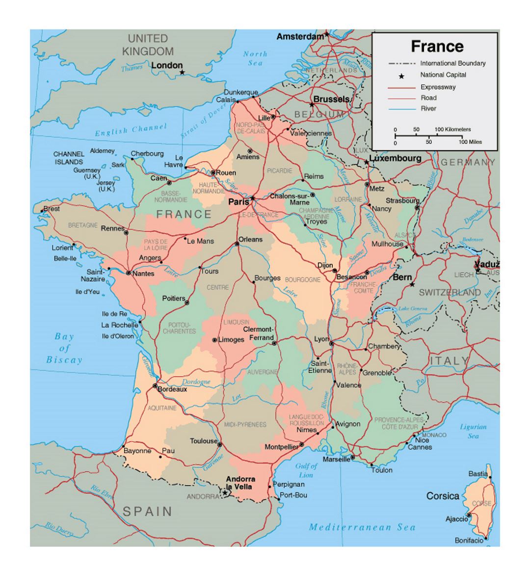 Политическая и административная карта Франции с крупными городами