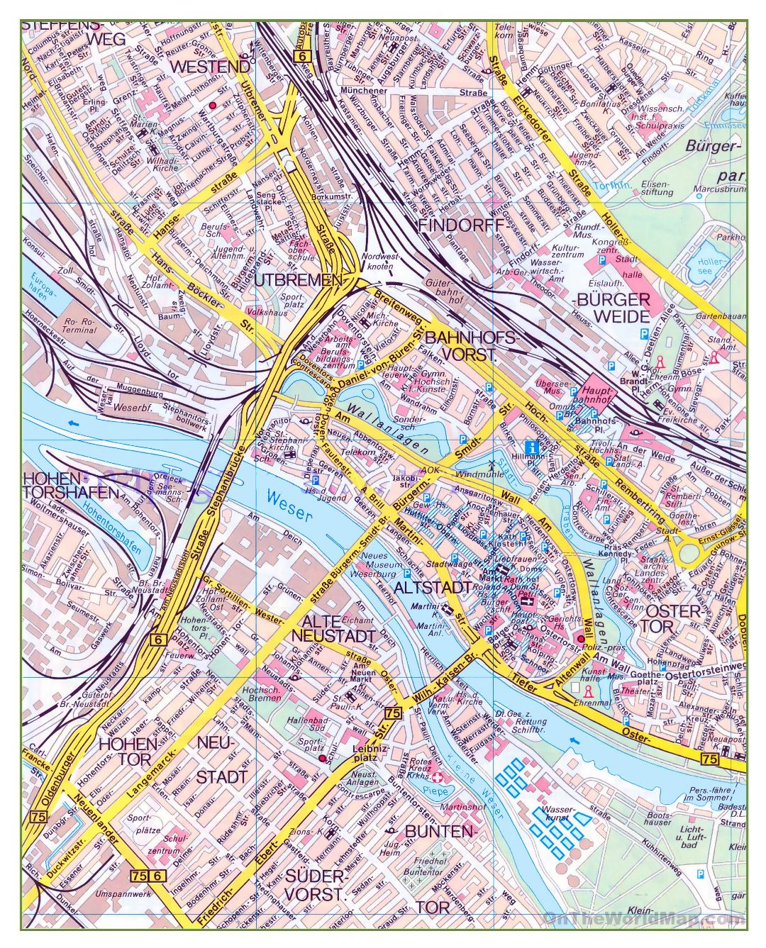 Большая детальная карта центральной части города Бремен