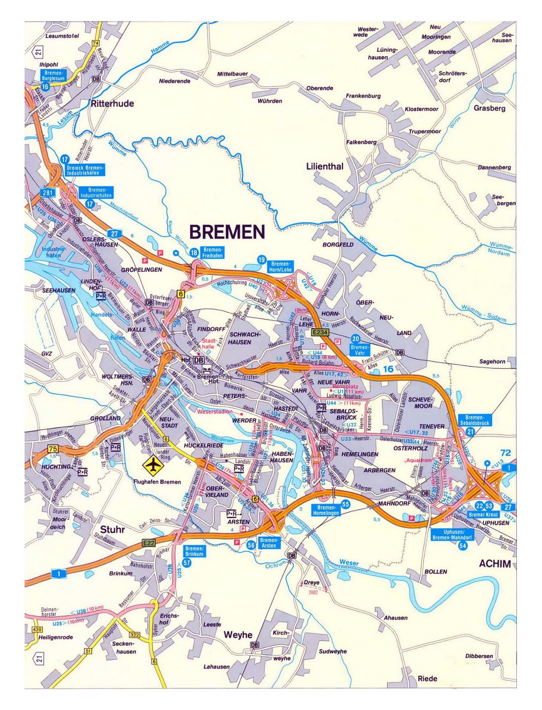 Большая детальная карта дорог города Бремен с другими пометками