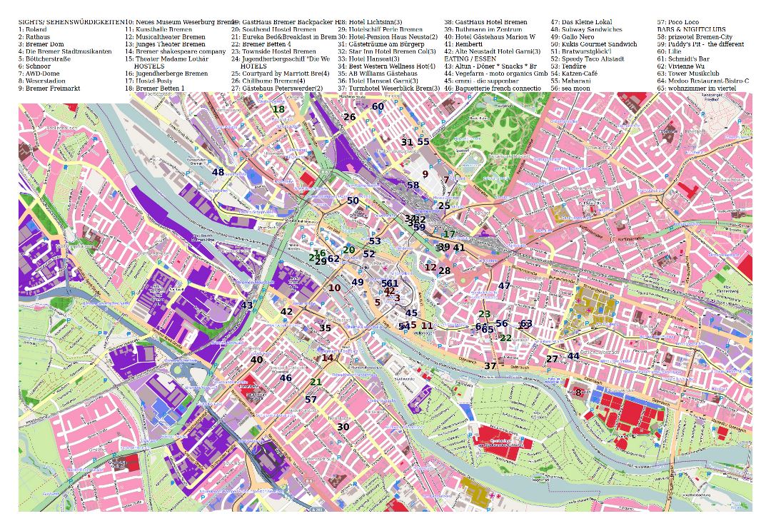 Большая детальная туристическая карта центральной части города Бремен