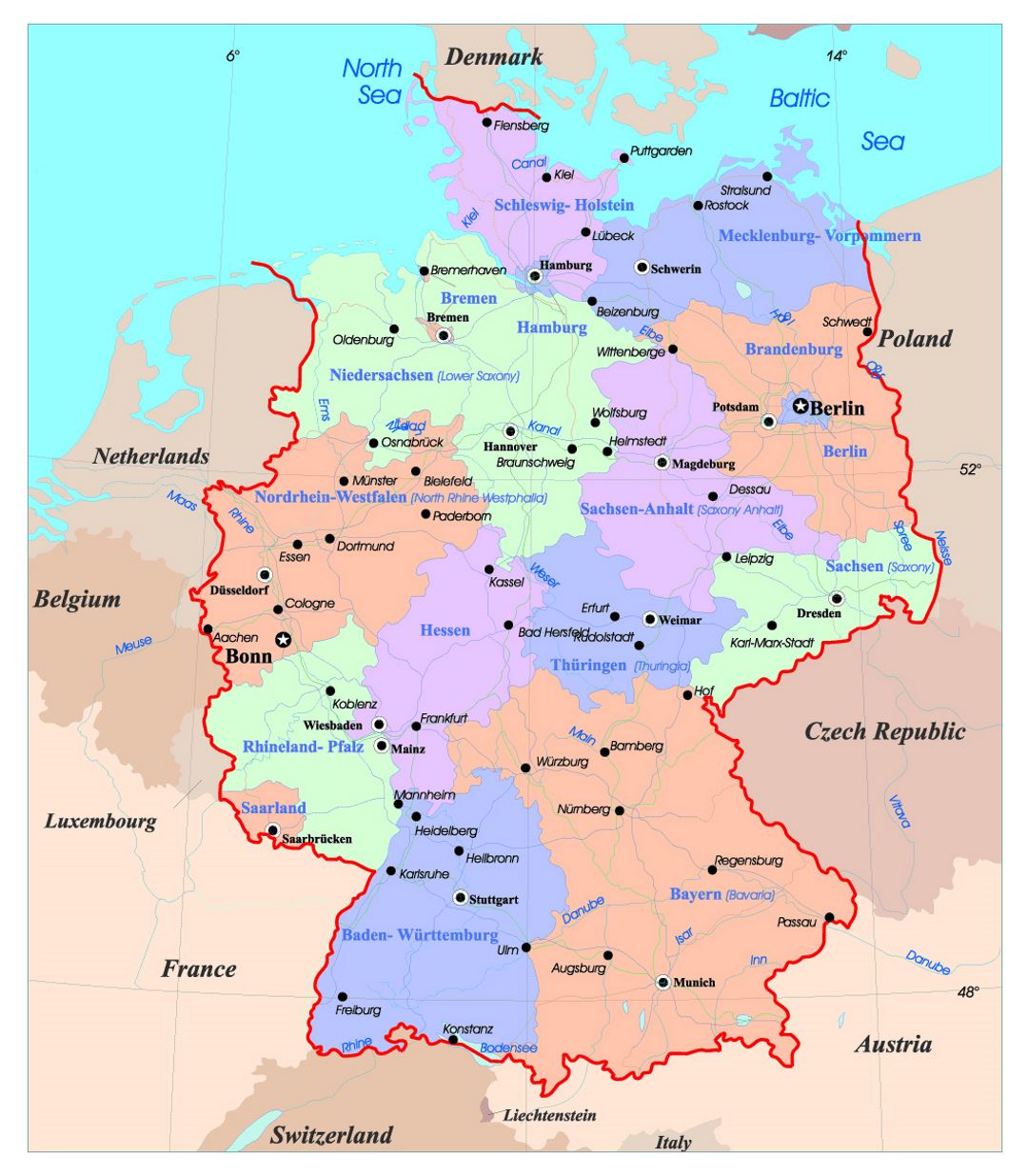 Детальная административная карта Германии с крупными городами