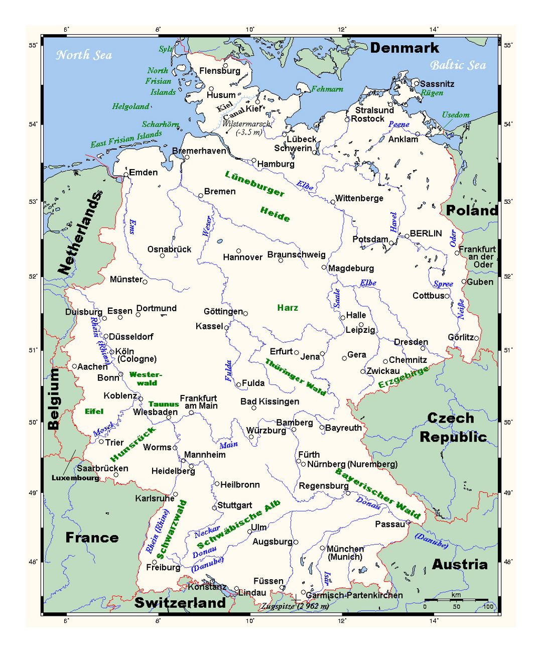 Детальная карта Германии с крупными городами