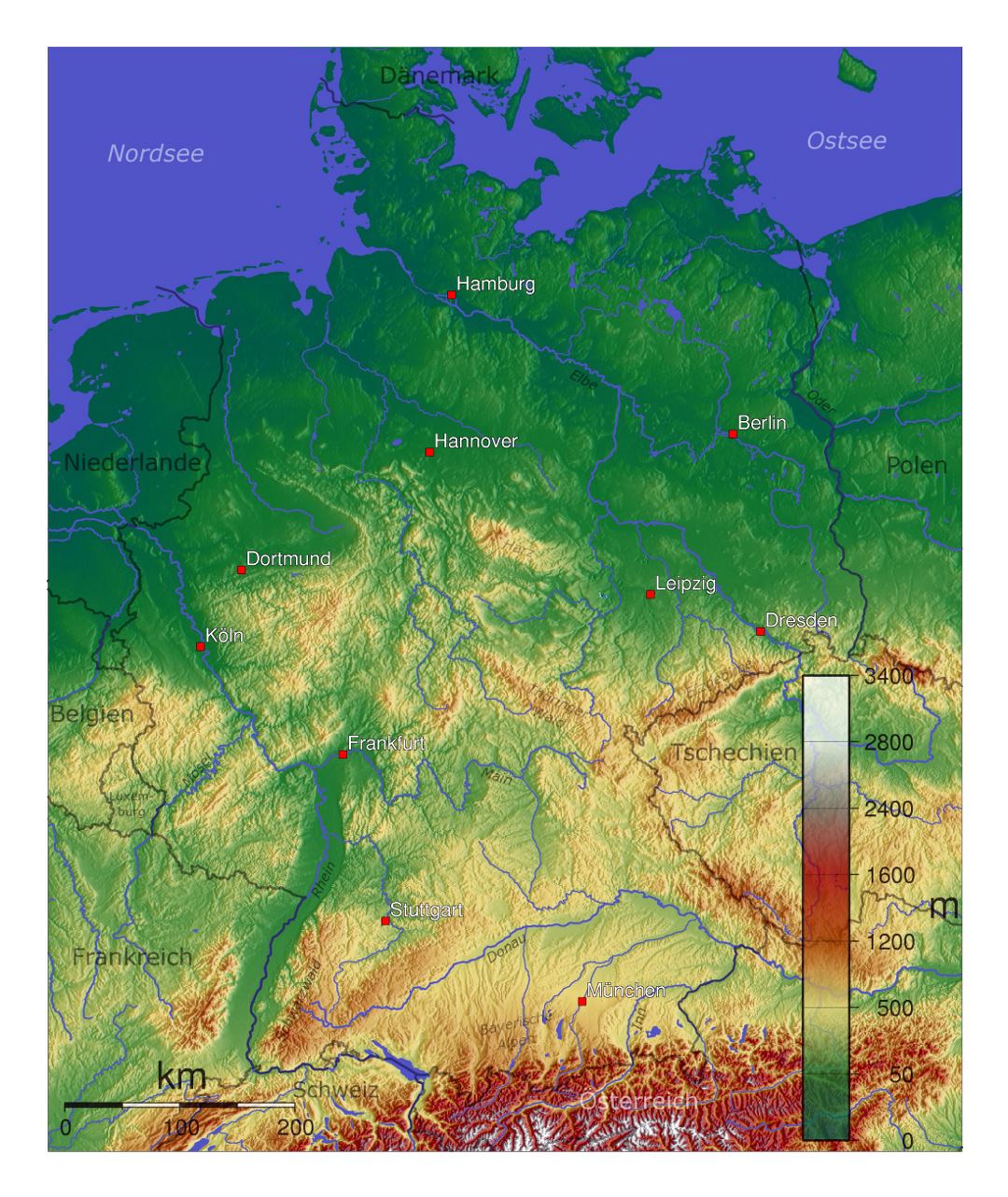 Детальная физическая карта Германии