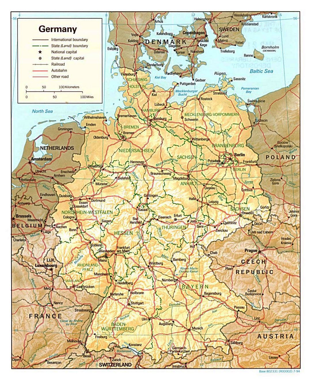 Детальная политическая и административная карта Германии с рельефом, дорогами и крупными городами - 1994