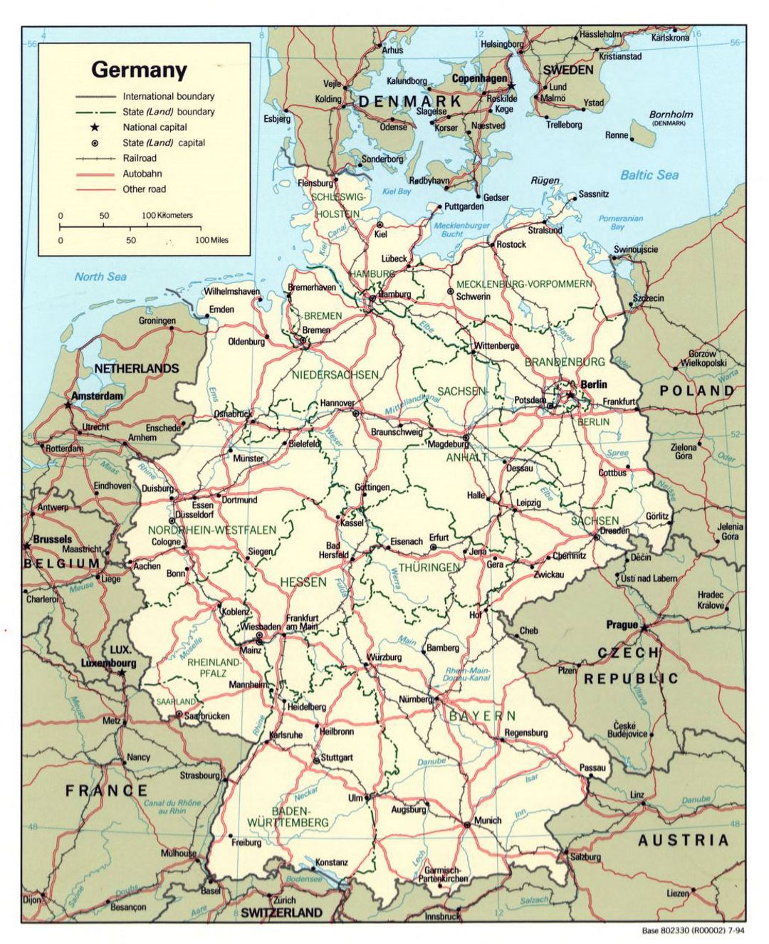 Детальная политическая и административная карта Германии с дорогами и крупными городами - 1994