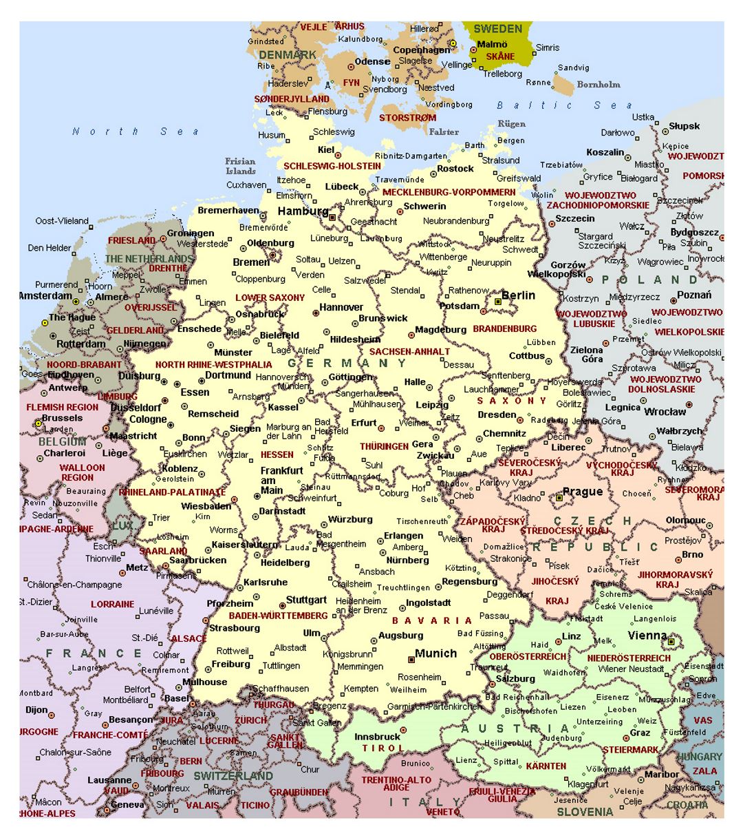 Детальная политическая карта Германии с административными делениями и крупными городами