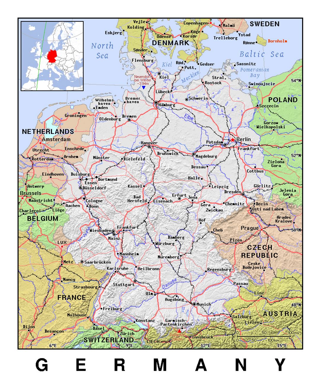 Детальная политическая карта Германии с рельефом