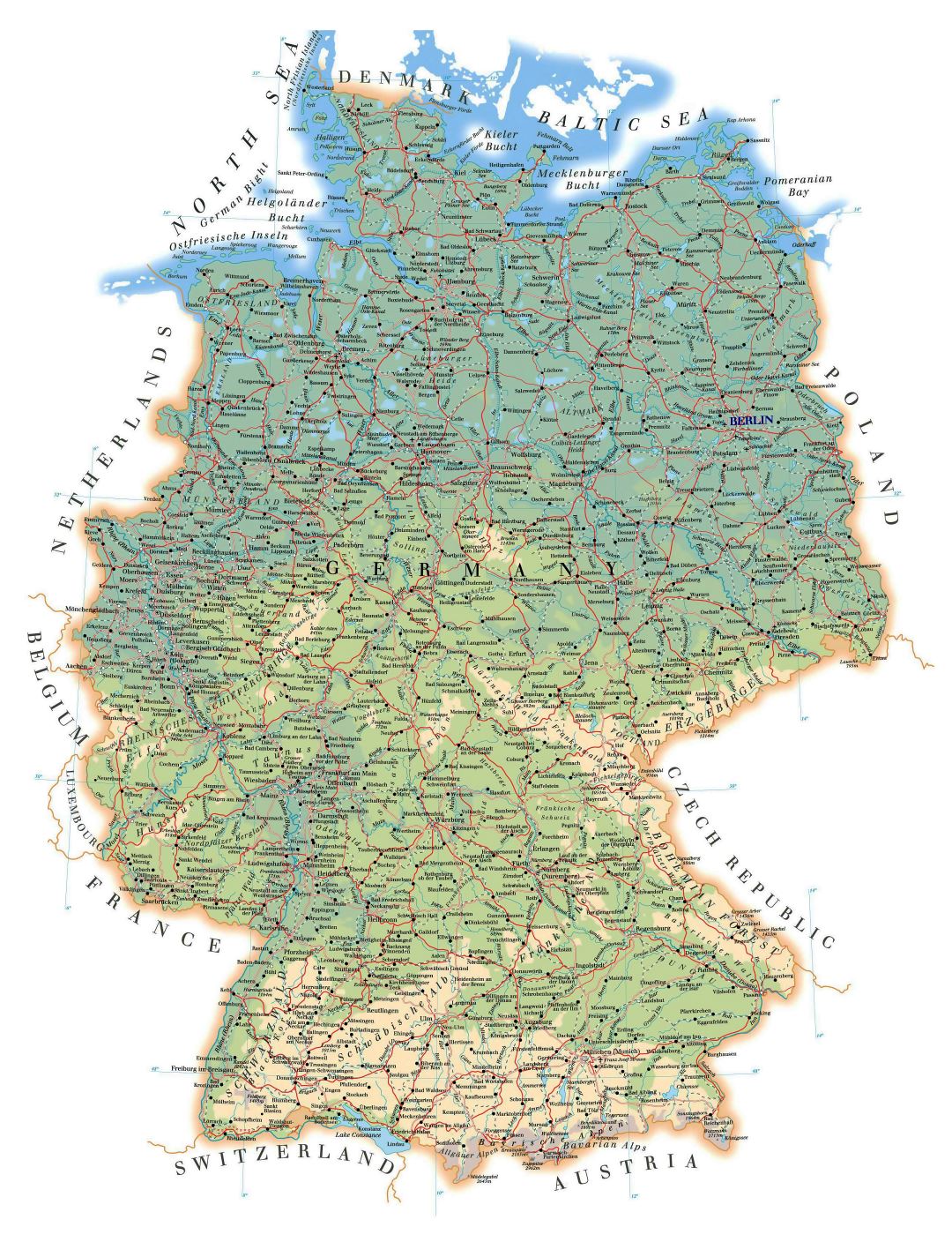 Детальная карта дорог и физическая карта Германии