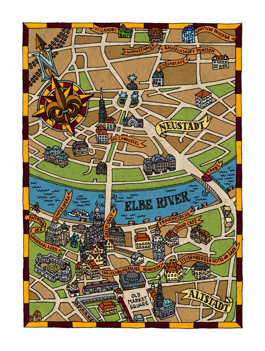 Детальная иллюстрированная карта Дрездена