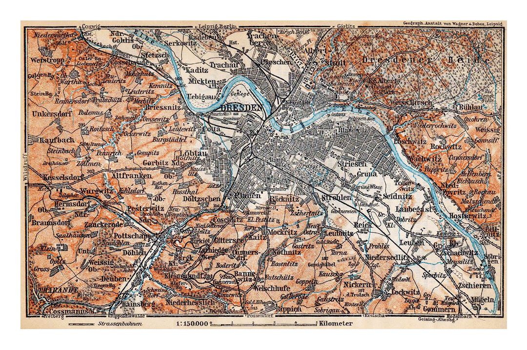 Детальная старая карта Дрездена и его окрестностей - 1910