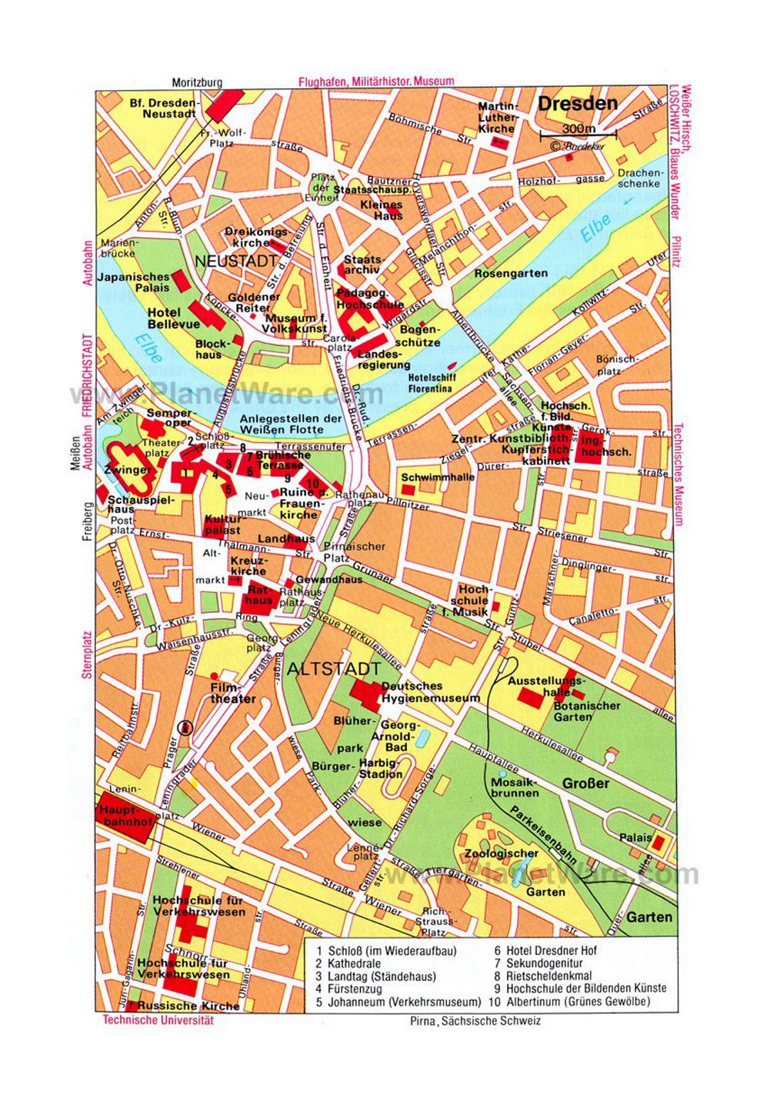 Детальная туристическая карта центральной части города Дрезден