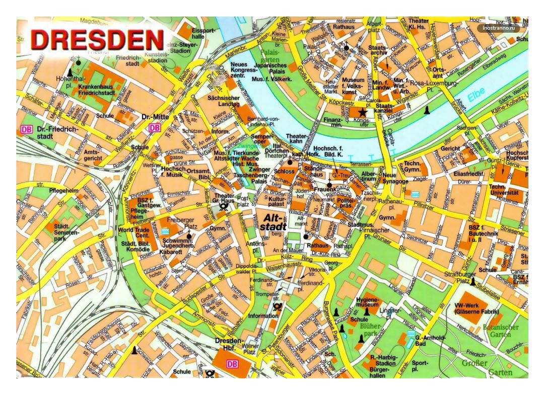 Большая детальная карта центральной части города Дрезден