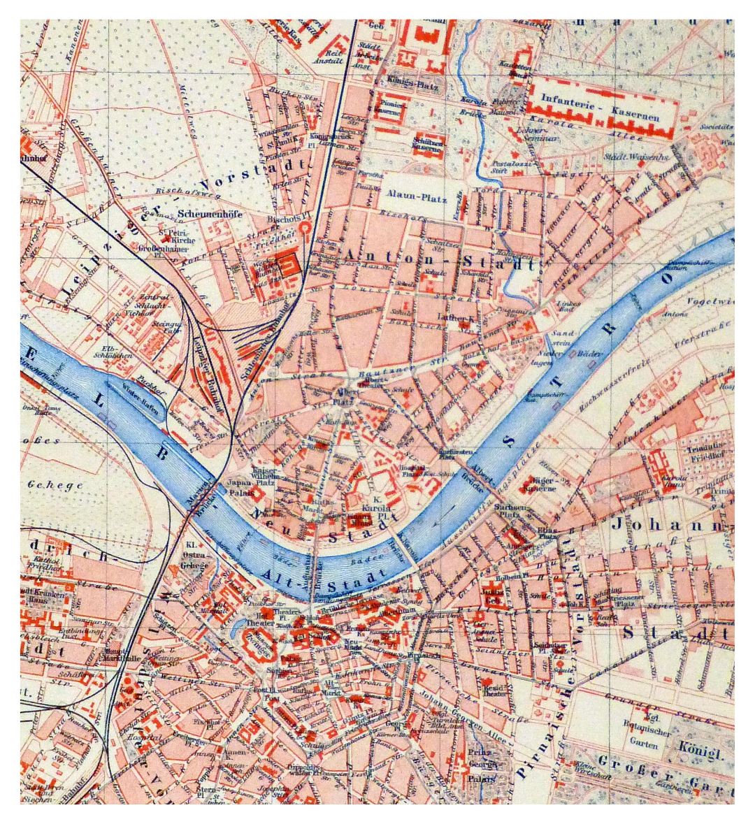 Большая детальная старая карта центральной части города Дрезден - 1885
