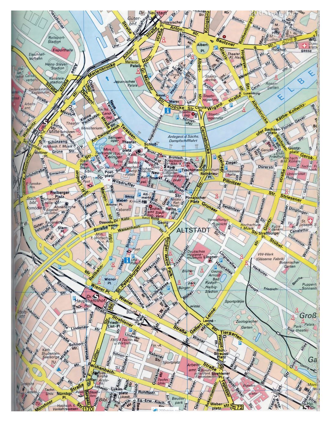 Большая детальная карта улиц центральной части города Дрезден