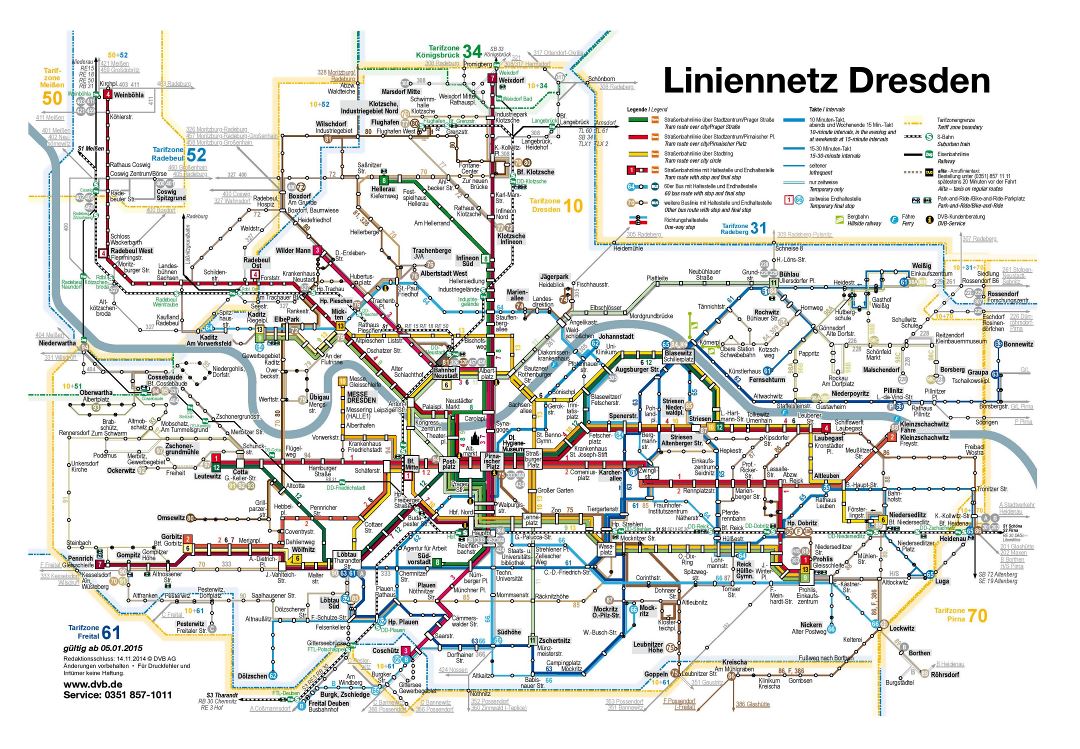 Большая детальная трамвайная и автобусная карта города Дрезден