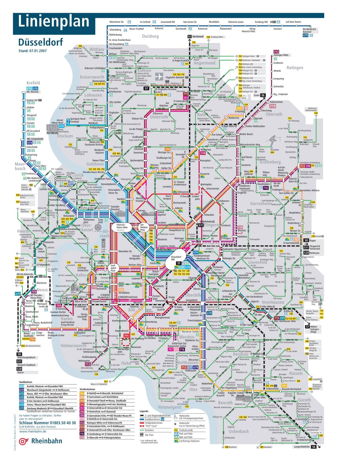 Большая детальная карта общественного транспорта города Дюссельдорф
